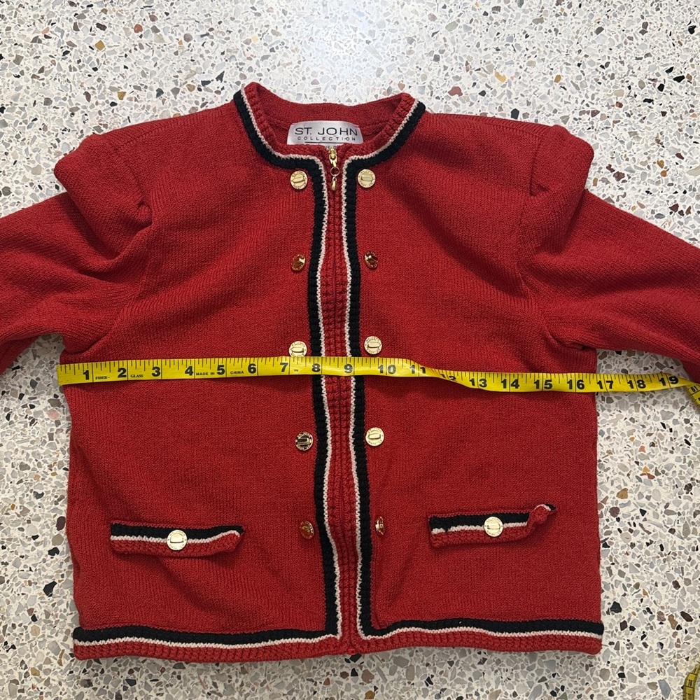St John Collection red navy gold button hardware zip front knit sweater 2 - Picture 7 of 10